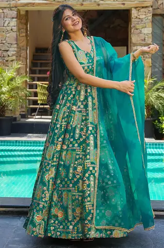 Sea green heavy digital printed silk gown style