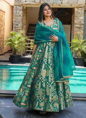 Sea green heavy digital printed silk gown style 2