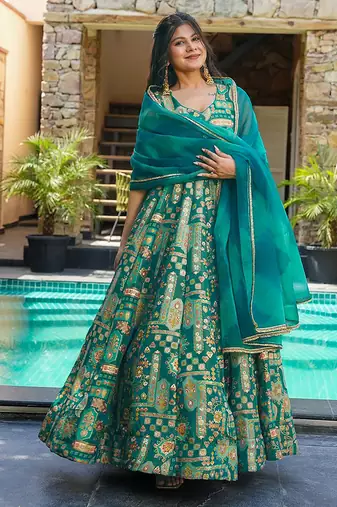 Sea green heavy digital printed silk gown style