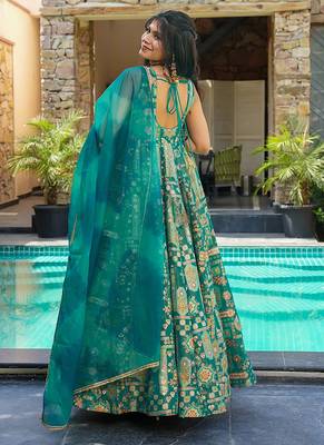 Sea green heavy digital printed silk gown style 3