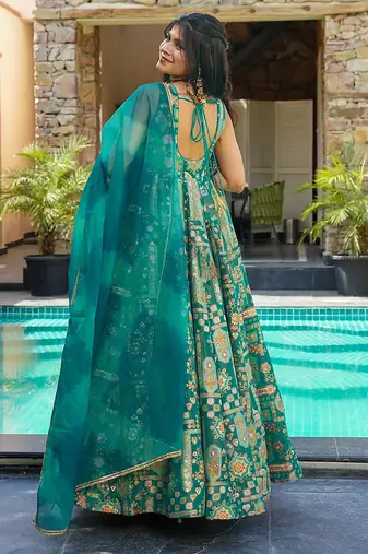Sea green heavy digital printed silk gown style