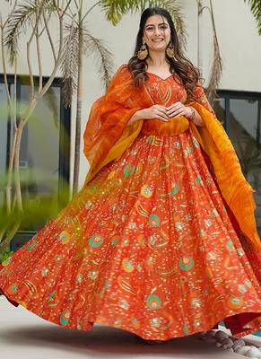 Orange heavy digital printed silk gown style 1