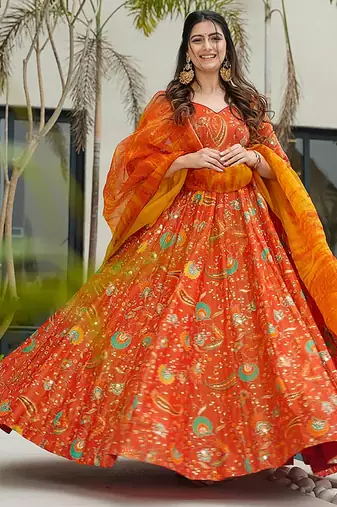 Orange heavy digital printed silk gown style