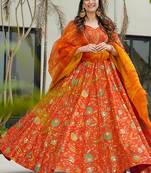 Orange heavy digital printed silk gown style