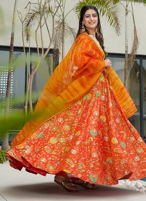 Orange heavy digital printed silk gown style 2