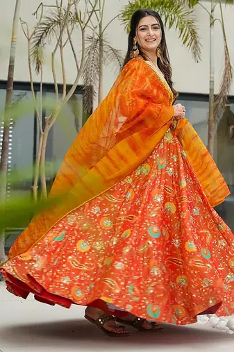 Orange heavy digital printed silk gown style