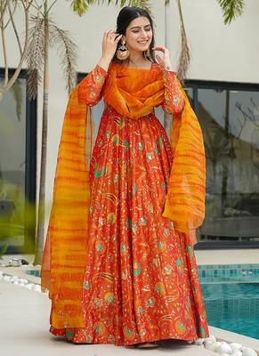 Orange heavy digital printed silk gown style 3