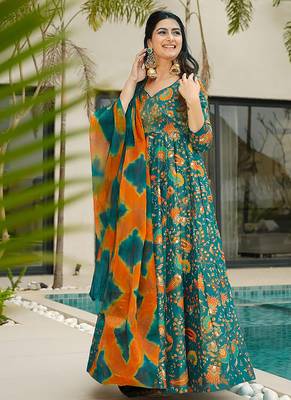 Green heavy digital printed silk gown style 1