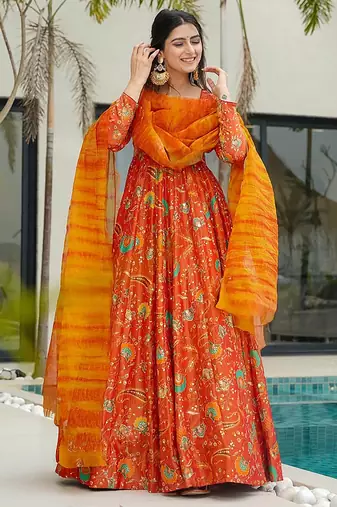 Orange heavy digital printed silk gown style