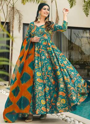 Green heavy digital printed silk gown style 2