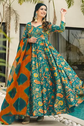 Green heavy digital printed silk gown style