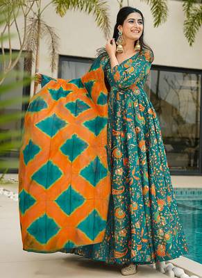 Green heavy digital printed silk gown style 3