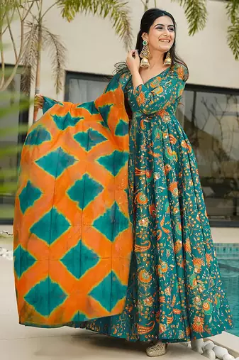Green heavy digital printed silk gown style