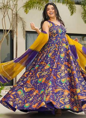 Purple  heavy digital printed silk gown style 1