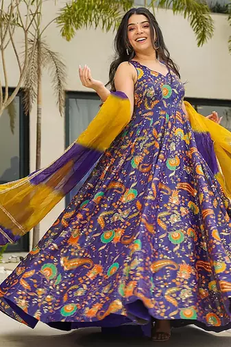 Purple  heavy digital printed silk gown style