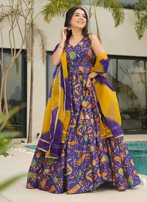 Purple  heavy digital printed silk gown style 2
