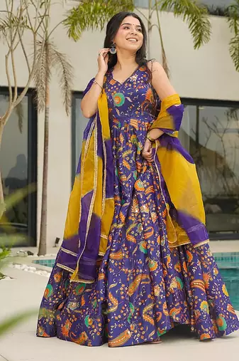 Purple  heavy digital printed silk gown style