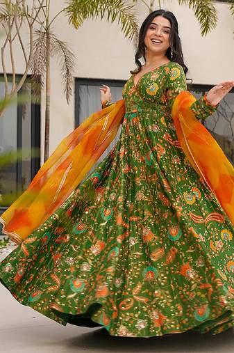 Mahendi  heavy digital printed silk gown style