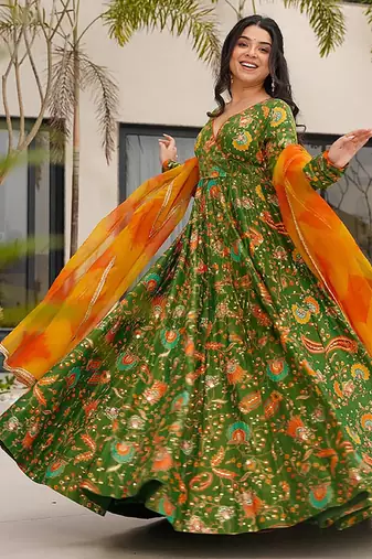 Mahendi  heavy digital printed silk gown style