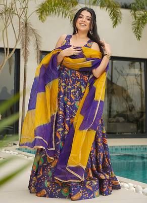 Purple  heavy digital printed silk gown style 3