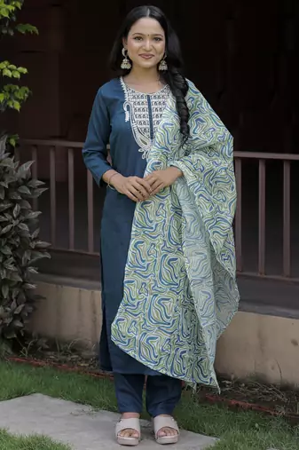 Elegant Petrol Blue Kurta Set with Printed Dupatta     Festive & Ethnic Wear Collection