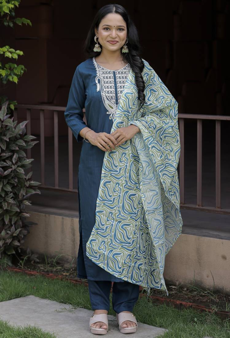 Elegant Petrol Blue Kurta Set with Printed Dupatta     Festive & Ethnic Wear Collection