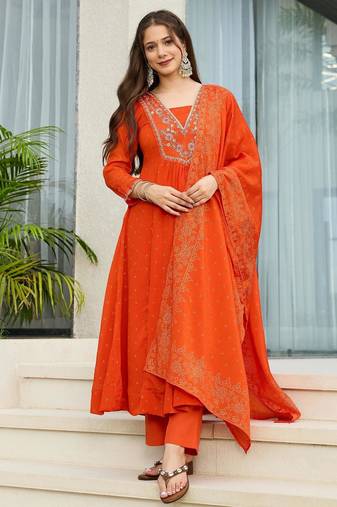 Women's Gorgeous Embroidery Chinon Fabric Flared Kurta Pant and Dupatta Set