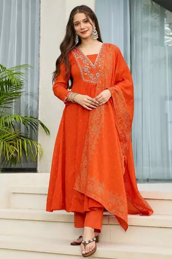 Women's Gorgeous Embroidery Chinon Fabric Flared Kurta Pant and Dupatta Set