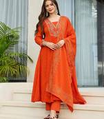 Women's Gorgeous Embroidery Chinon Flared Kurta Pant and Dupatta Set