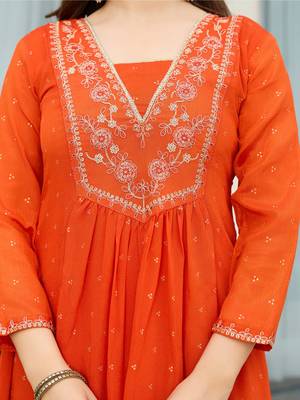Women's  Embroidery Chinon Flared Kurta Pant and Dupatta Set 2