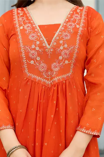 Women's  Embroidery Chinon Flared Kurta Pant and Dupatta Set