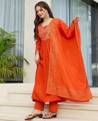 Women's  Embroidery Chinon Flared Kurta Pant and Dupatta Set 3