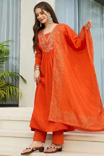 Women's  Embroidery Chinon Flared Kurta Pant and Dupatta Set