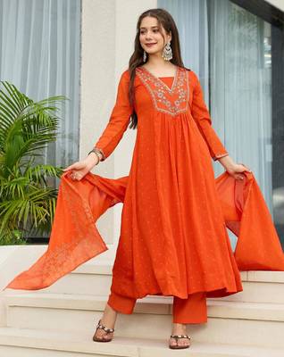 Women's  Embroidery Chinon Flared Kurta Pant and Dupatta Set 5
