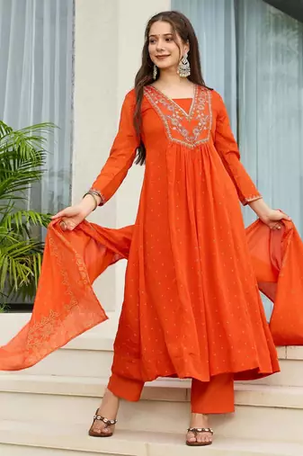 Women's  Embroidery Chinon Flared Kurta Pant and Dupatta Set