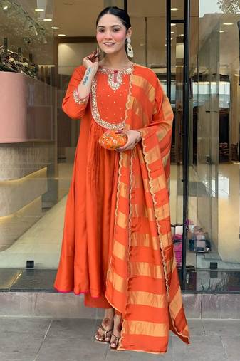 Women's Gorgeous Embroidery Work Chanderi Fabric Flared Kurta Pant and Dupatta Set
