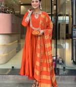 Women's Gorgeous Embroidery Work Chanderi Fabric Flared Kurta Pant and Dupatta Set