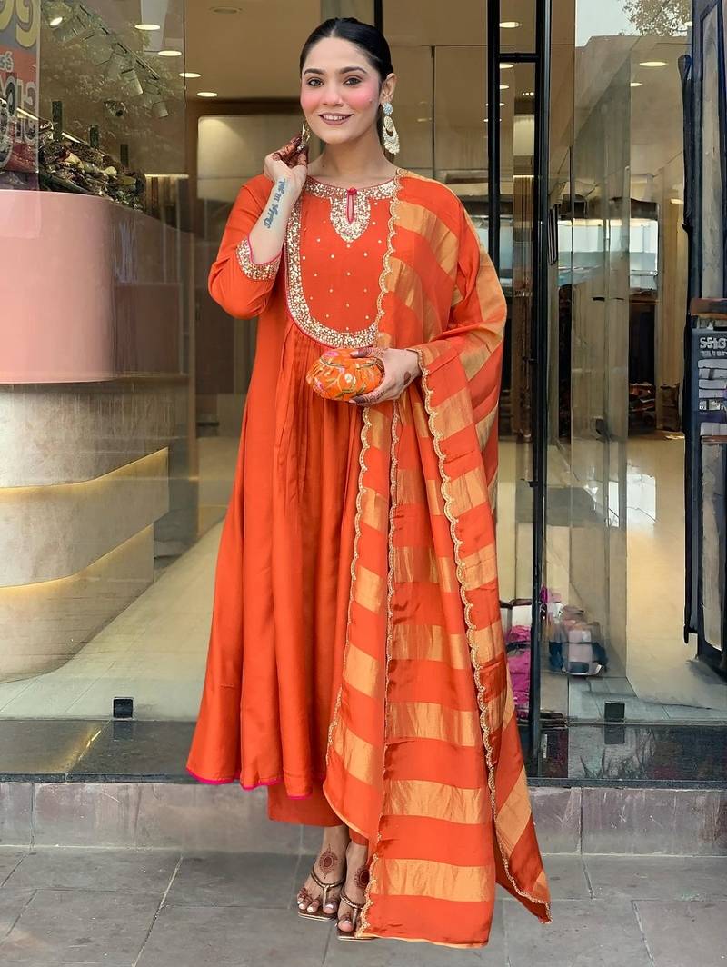 Women's Gorgeous Embroidery Work Chanderi Fabric Flared Kurta Pant and Dupatta Set