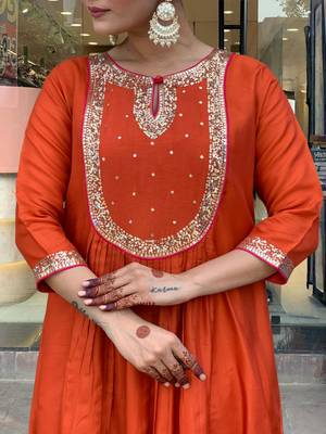 Women's  Embroidery Work Chanderi Flared Kurta Pant and Dupatta Set 2