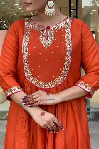Women's  Embroidery Work Chanderi Flared Kurta Pant and Dupatta Set