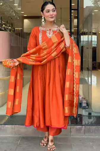 Women's  Embroidery Work Chanderi Flared Kurta Pant and Dupatta Set