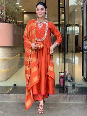 Women's  Embroidery Work Chanderi Flared Kurta Pant and Dupatta Set 5