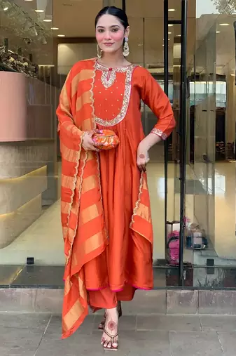 Women's  Embroidery Work Chanderi Flared Kurta Pant and Dupatta Set