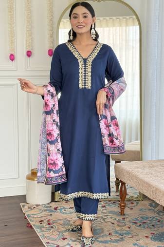 Petrol Blue Kurta Set with Floral Printed Dupatta & Gota Detailing