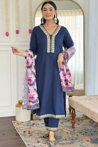 Petrol Blue Kurta Set with Floral Printed Dupatta & Gota Detailing