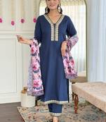 Petrol Blue Kurta Set with Floral Printed Dupatta & Gota Detailing