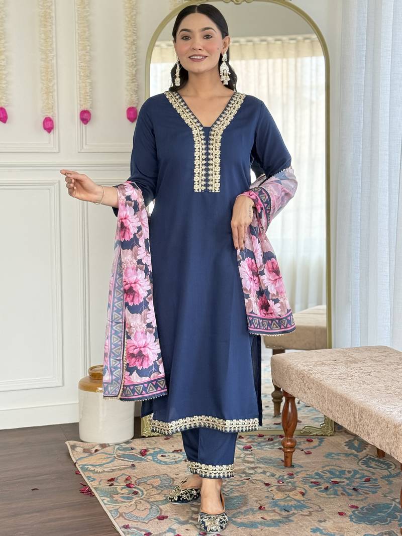 Petrol Blue Kurta Set with Floral Printed Dupatta & Gota Detailing