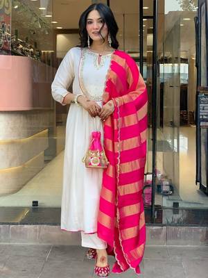 Women's  Embroidery Work Chanderi Flared Kurta Pant and Dupatta Set 1