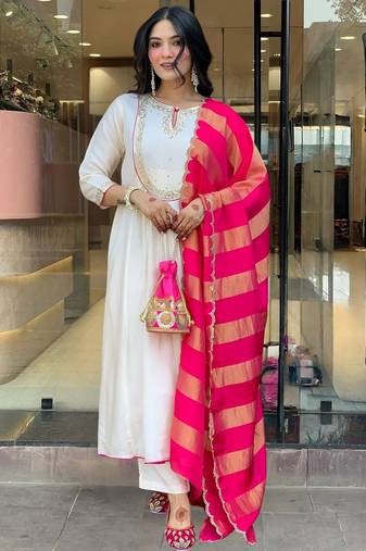 Women's Gorgeous Embroidery Work Chanderi Fabric Flared Kurta Pant and Dupatta Set