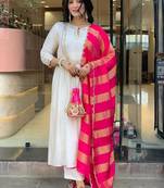 Women's Gorgeous Embroidery Work Chanderi Flared Kurta Pant and Dupatta Set